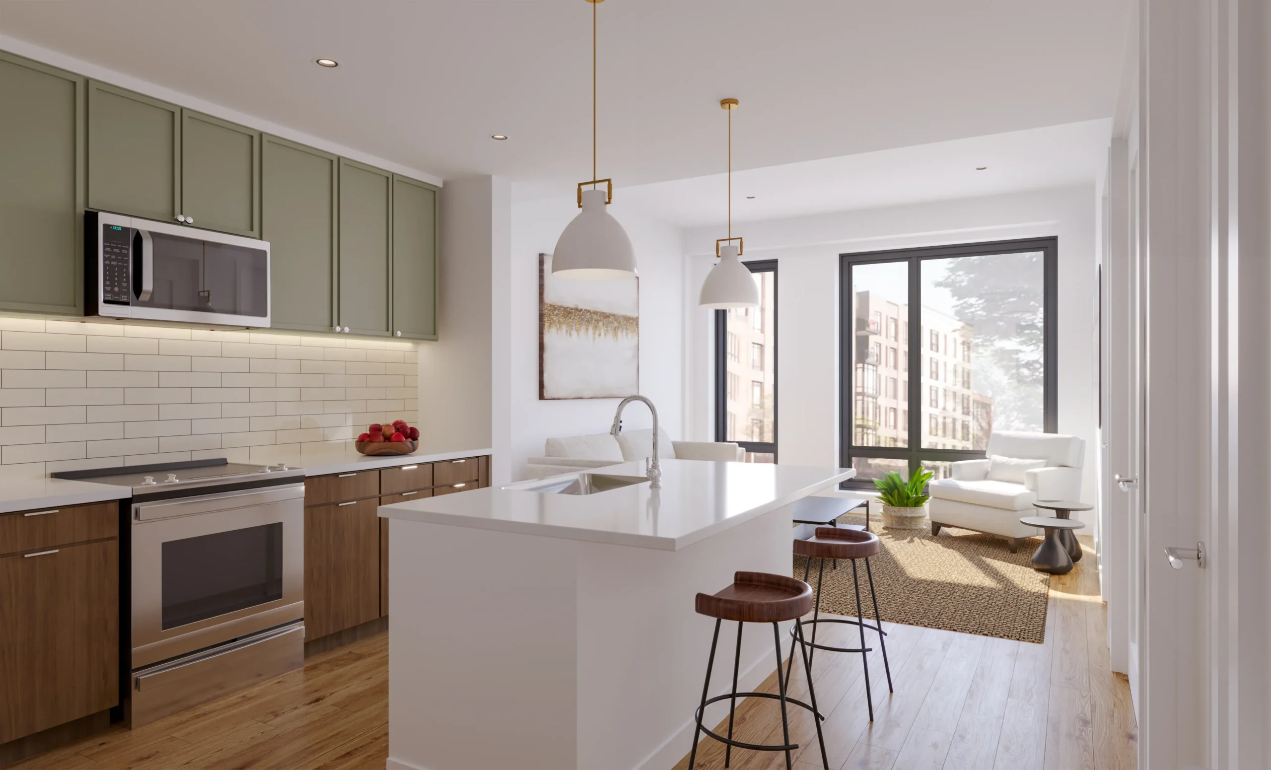 Interior rendering of a light-filled apartment kitchen and living space at the Pattern District in Newton Upper Falls, MA.