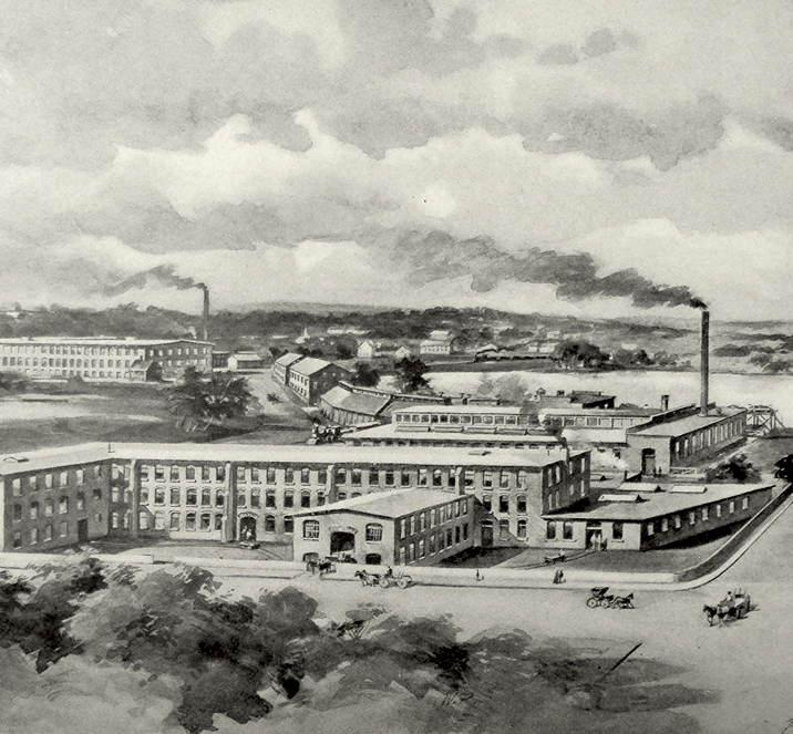 Historic illustration of the original mill buildings in Newton Upper Falls, MA, formerly home to the Pettee Machine Works site.