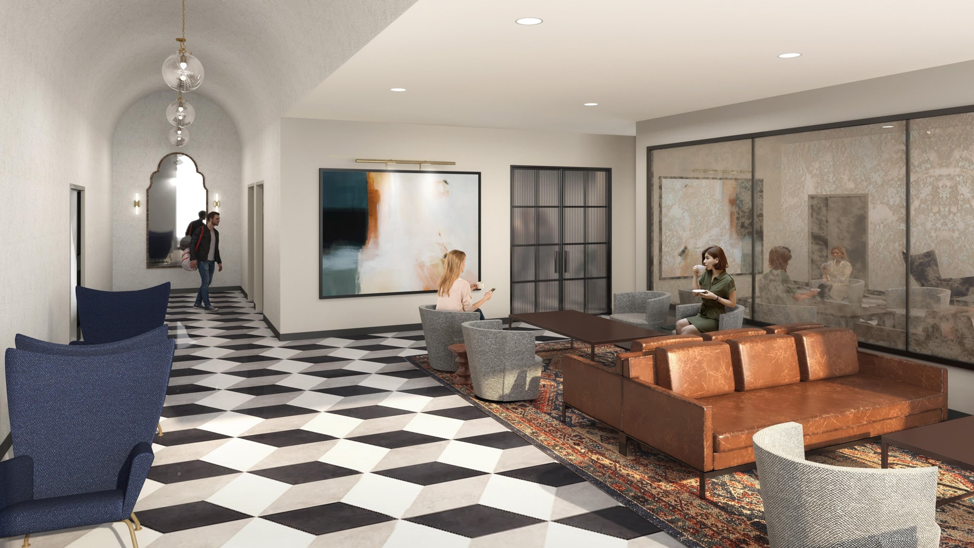 Interior rendering of a resident lounge at the Pattern District in Newton Upper Falls, MA, featuring modern seating, Patternned flooring, and collaborative spaces.